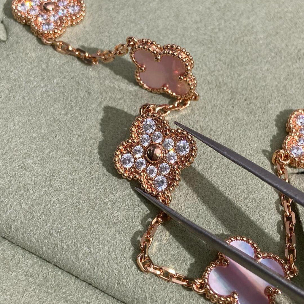 [Luxe]CLOVER 10 MOTIFS DIAMOND PINK MOP NECKLACE