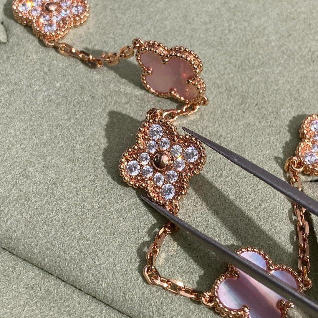 [Luxe]CLOVER 10 MOTIFS DIAMOND PINK MOP NECKLACE