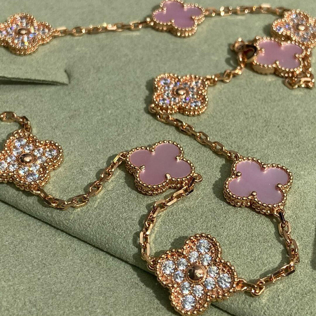 [Luxe]CLOVER 10 MOTIFS DIAMOND PINK MOP NECKLACE