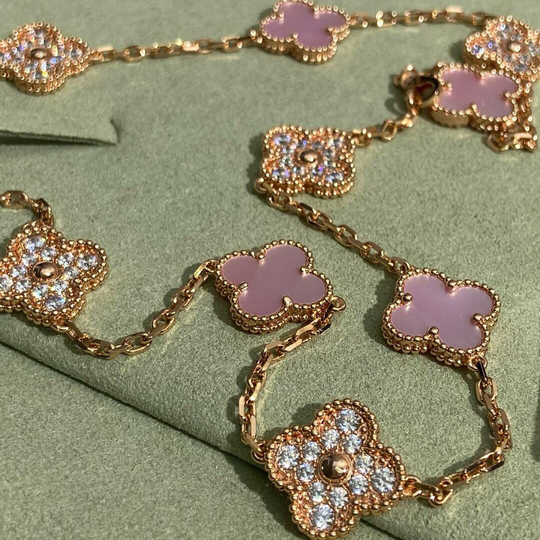 [Luxe]CLOVER 10 MOTIFS DIAMOND PINK MOP NECKLACE