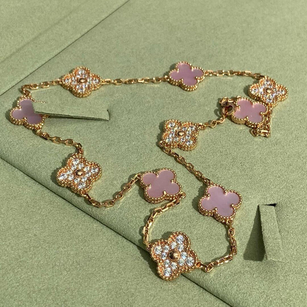 [Luxe]CLOVER 10 MOTIFS DIAMOND PINK MOP NECKLACE