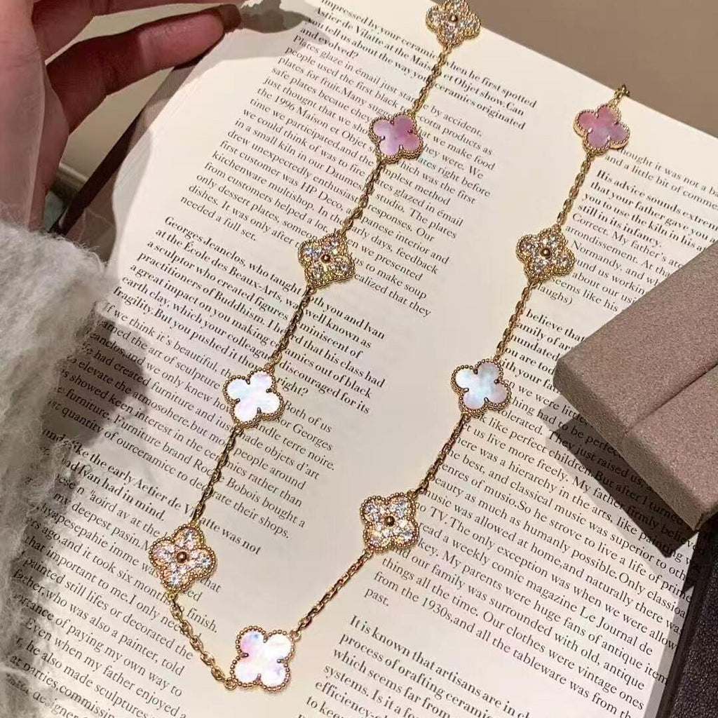 [Luxe]CLOVER 10 MOTIFS DIAMOND PINK MOP NECKLACE