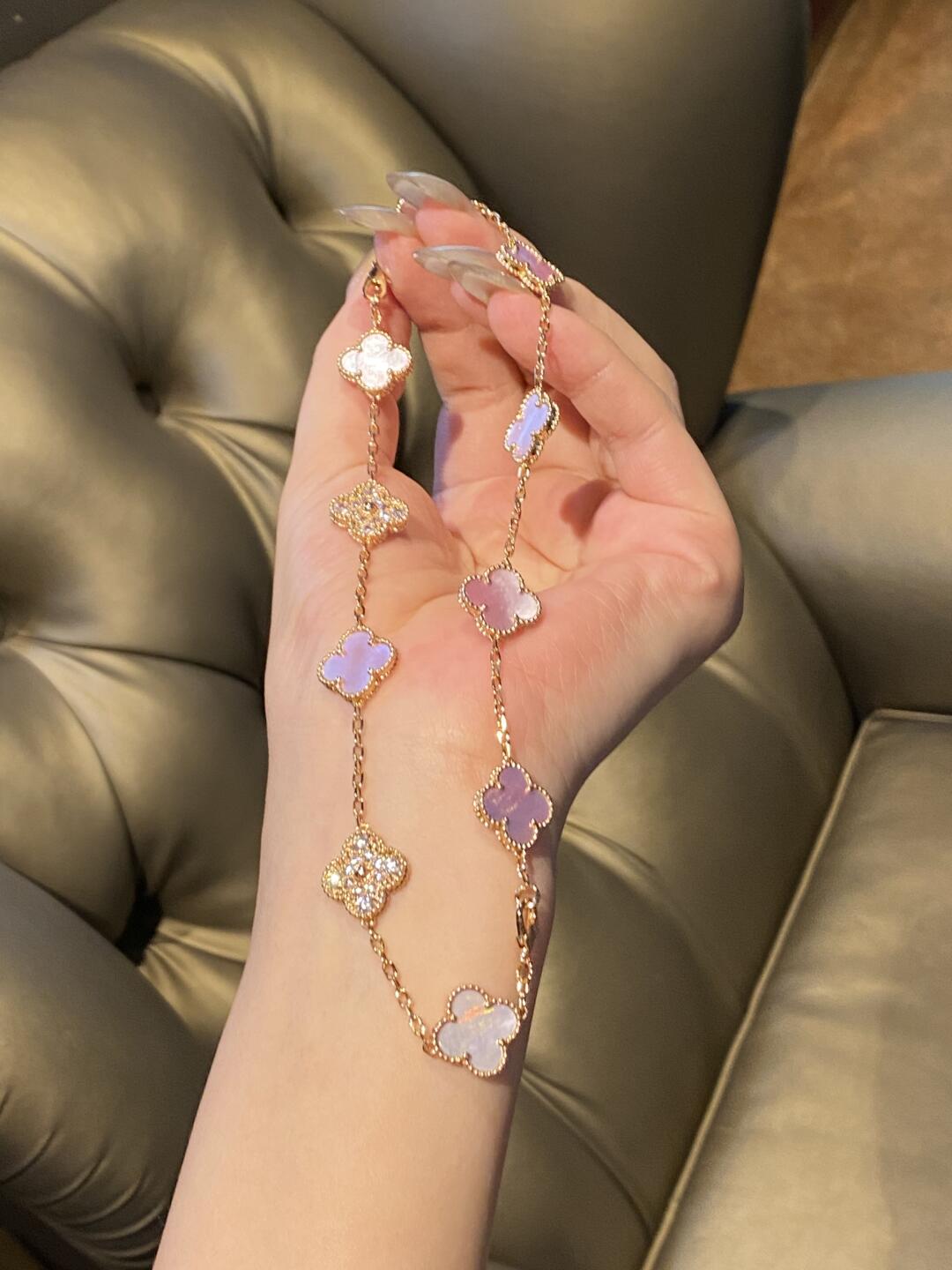 [Luxe]CLOVER 10 MOTIFS DIAMOND PINK MOP NECKLACE
