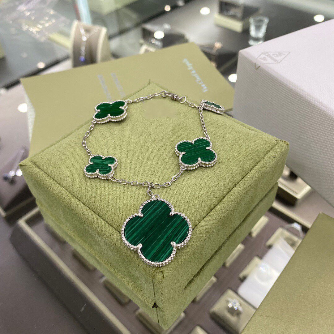 [Luxe]CLOVER 5 MOTIFS SIVLER MALACHITE BRACELET
