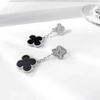 [Luxe]CLOVER 2 MOTIFS  DIAMOND ONYX EARRINGS SILVER