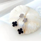 [Luxe]CLOVER 2 MOTIFS  DIAMOND ONYX EARRINGS SILVER