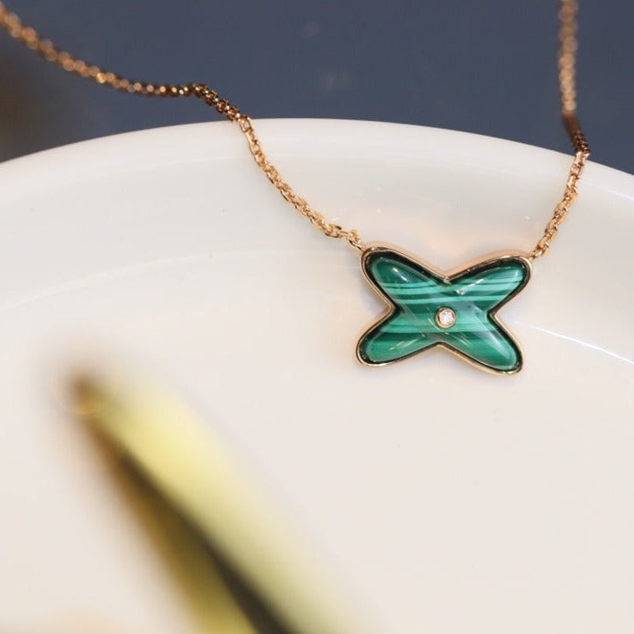 [Luxe]Collier Jeux Malachite 1 Diamant Or Rose