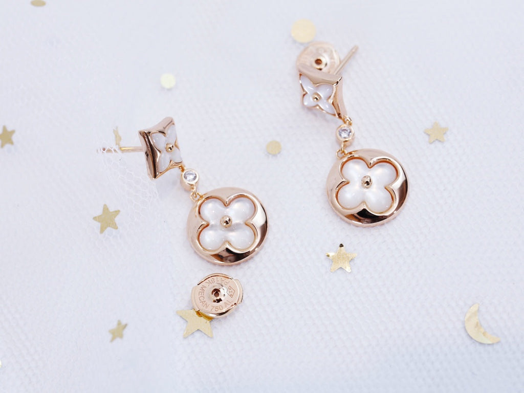 [Luxe]Boucles d'oreilles pendantes en nacre or rose étoile et soleil