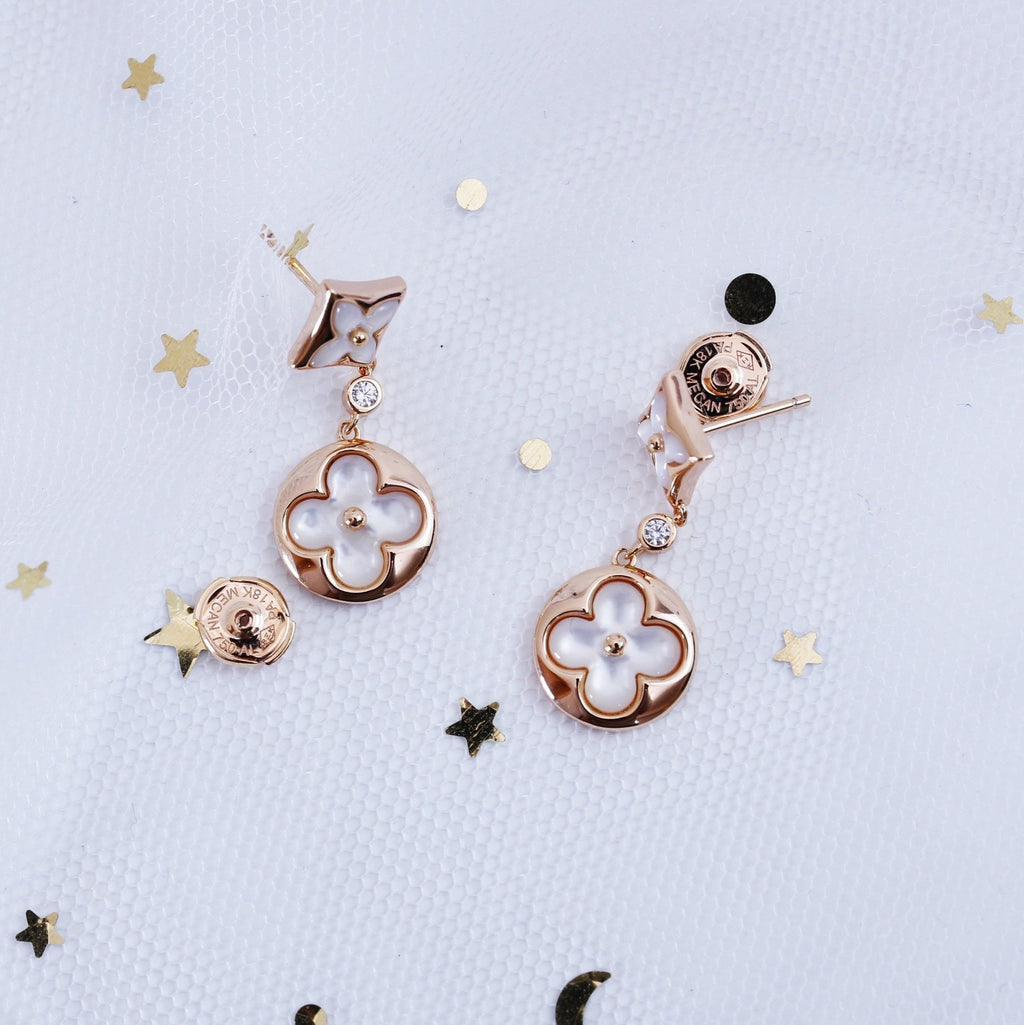 [Luxe]Boucles d'oreilles pendantes en nacre or rose étoile et soleil