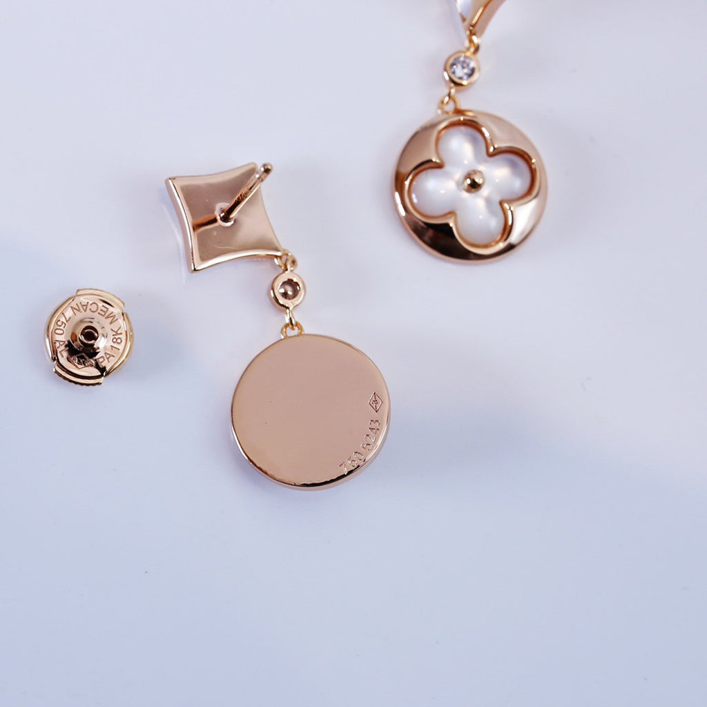 [Luxe]Boucles d'oreilles pendantes en nacre or rose étoile et soleil