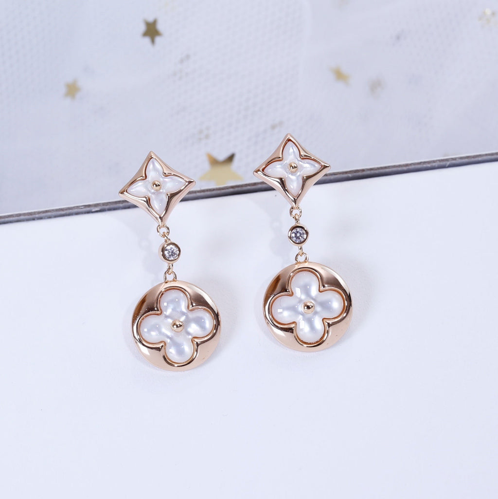 [Luxe]Boucles d'oreilles pendantes en nacre or rose étoile et soleil