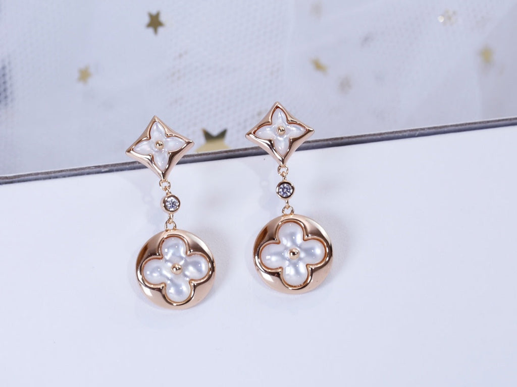 [Luxe]Boucles d'oreilles pendantes en nacre or rose étoile et soleil