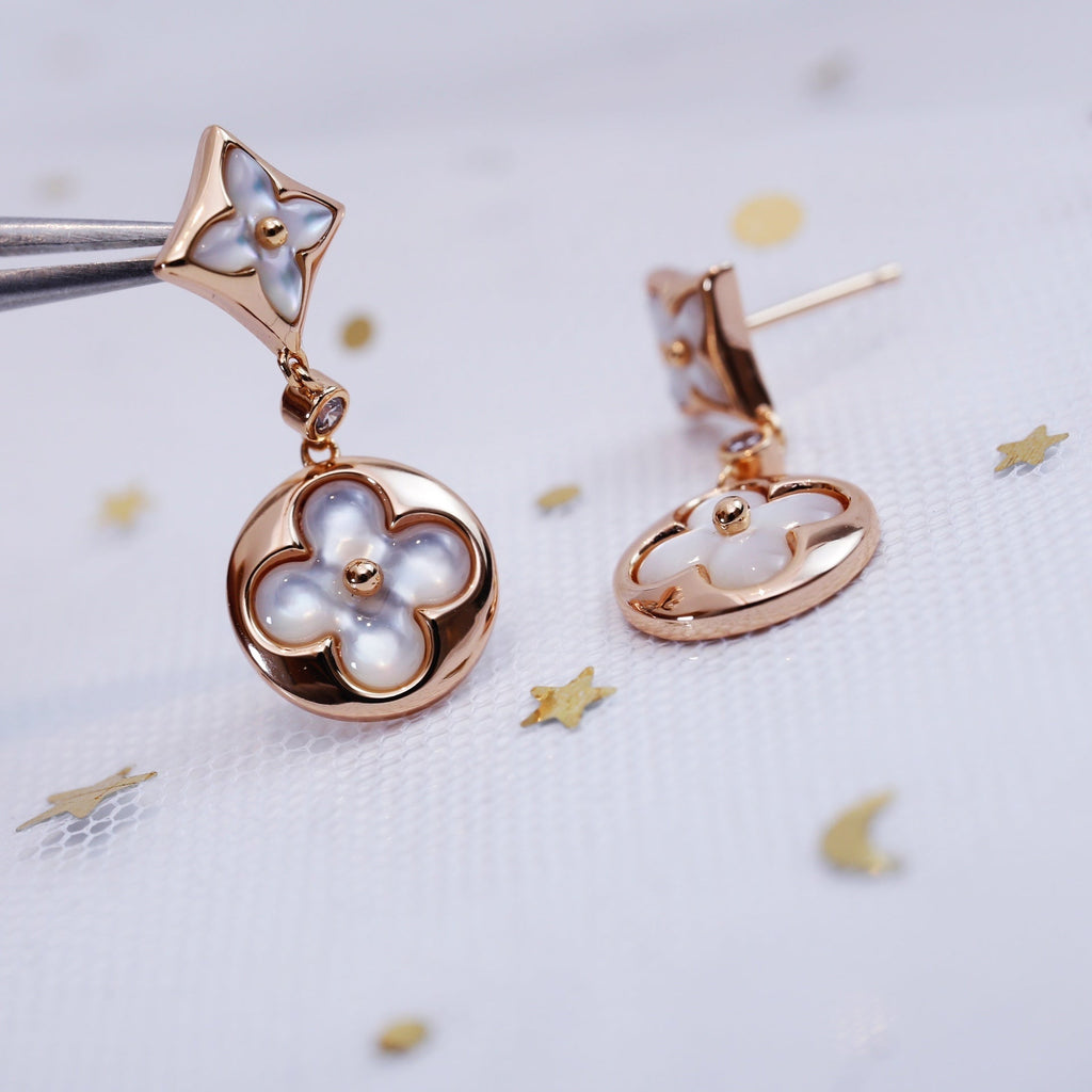 [Luxe]Boucles d'oreilles pendantes en nacre or rose étoile et soleil