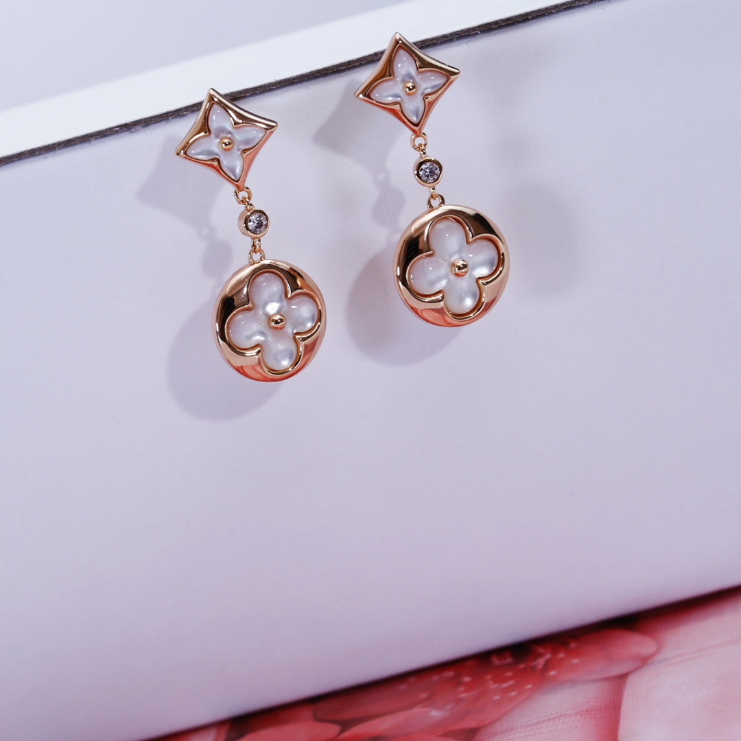 [Luxe]Boucles d'oreilles pendantes en nacre or rose étoile et soleil