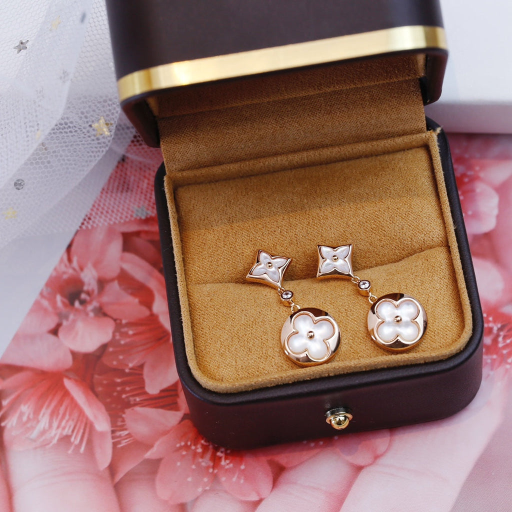 [Luxe]Boucles d'oreilles pendantes en nacre or rose étoile et soleil