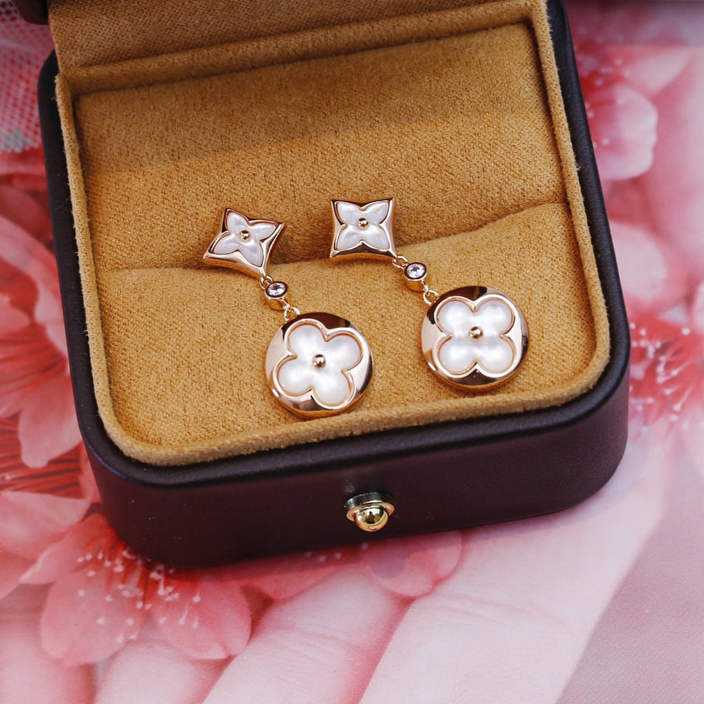 [Luxe]Boucles d'oreilles pendantes en nacre or rose étoile et soleil
