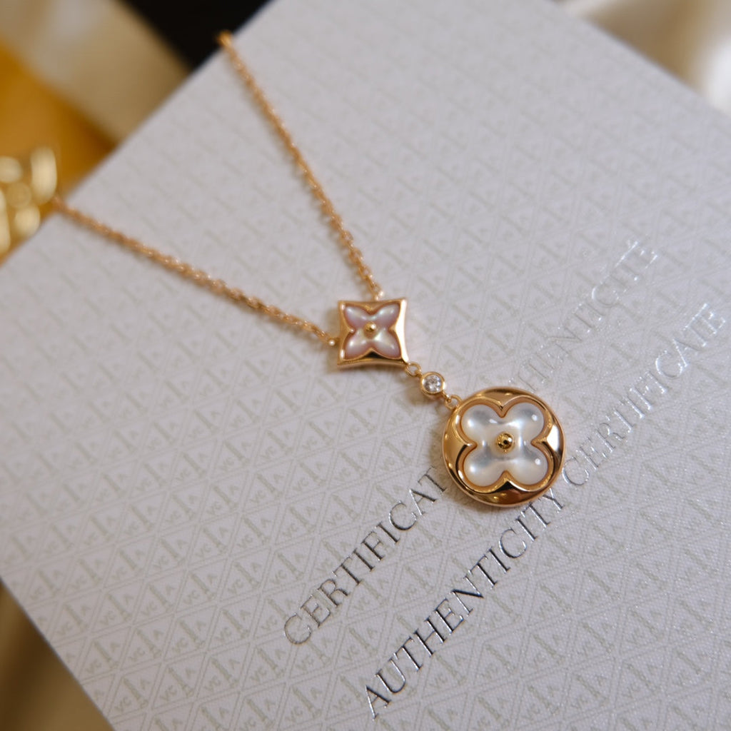 [Luxe] COLLIER EN OR ROSE À 2 MOTIFS ÉTOILE ET SOLEIL BLANC 