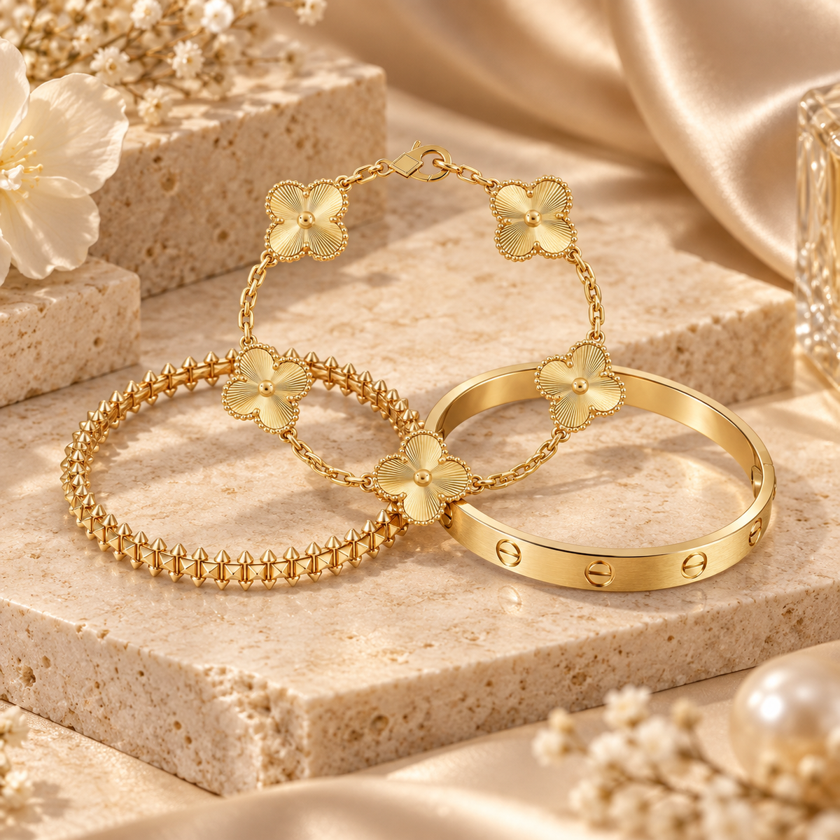 [LUXE] CLASH & Clover Laser 5-Motif & LOVE Brushed Bracelet Stack Set