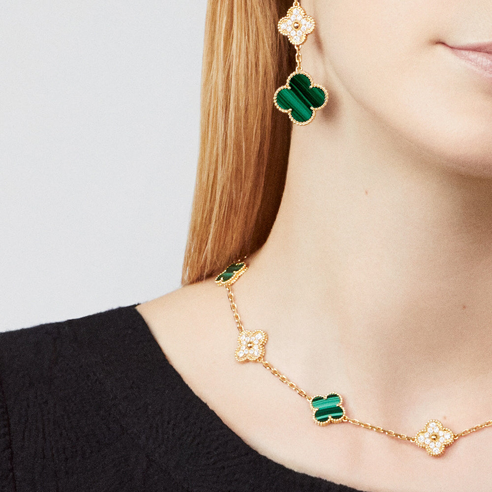 [Luxe]CLOVER 10 MOTIFS MALACHITE DIAMOND NECKLACE
