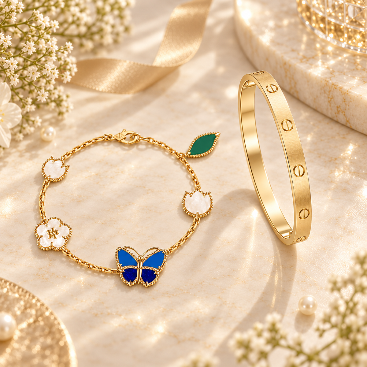 [LUXE] LOVE Brushed & Lucky Spring Butterfly 5-Motif Bracelet Stack Set