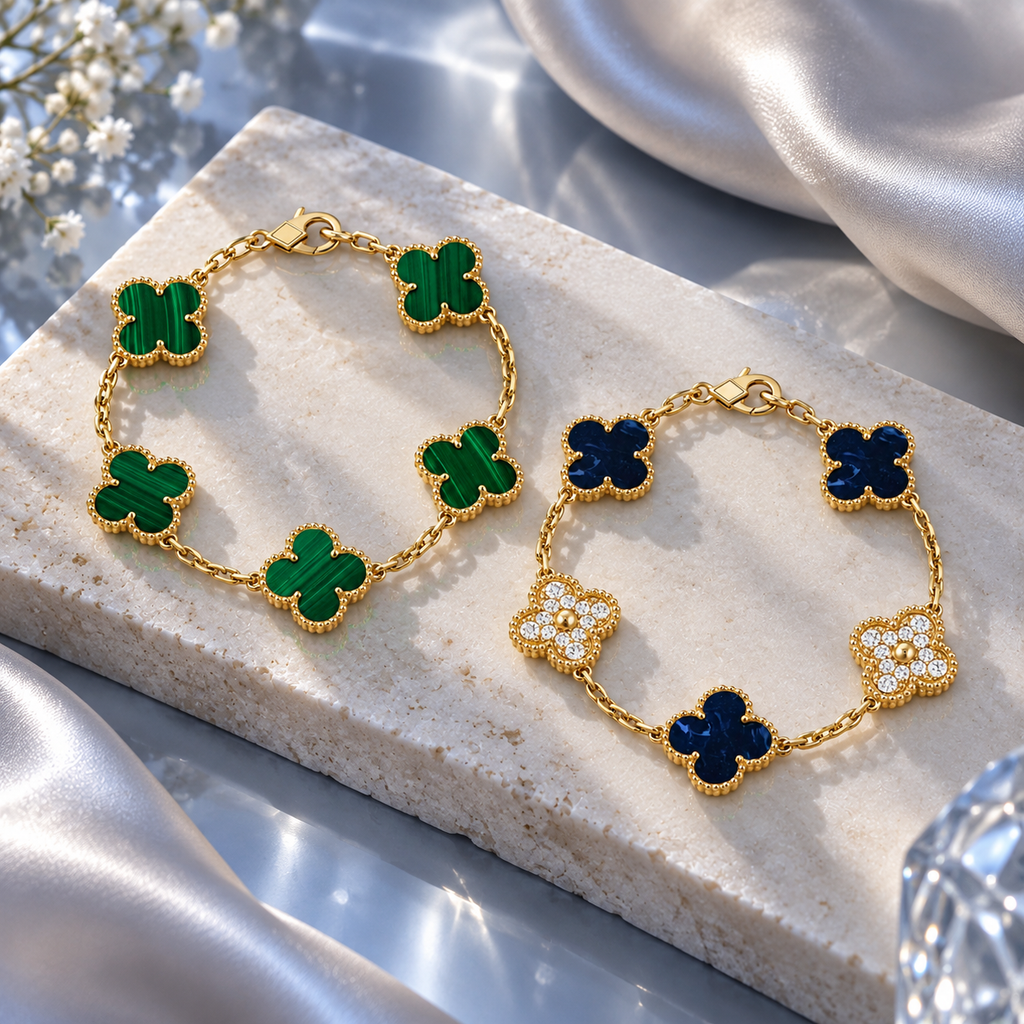 [LUXE]Clover 5-Motif Malachite & Pietersite Bracelet Stack Set