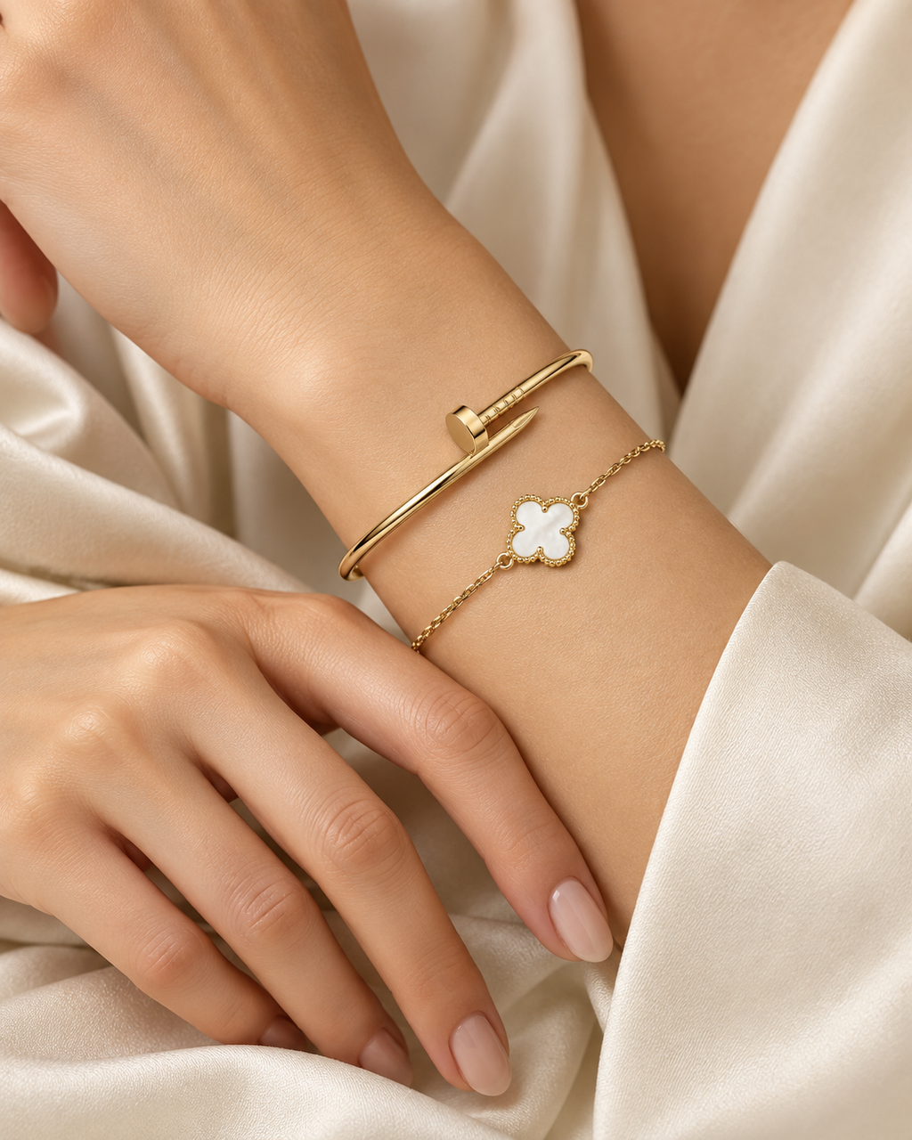 [LUXE] Clover White Mother-of-Pearl & JUSTE Bracelet Stack Set