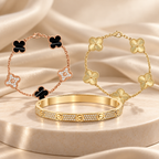 [LUXE]Clover Laser  Pulsar Stone 5-Motif & LOVE Diamond-Paved Bracelet Stack Set