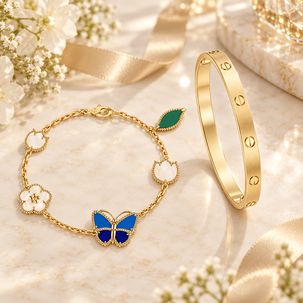 [LUXE] LOVE Brushed & Lucky Spring Butterfly 5-Motif Bracelet Stack Set