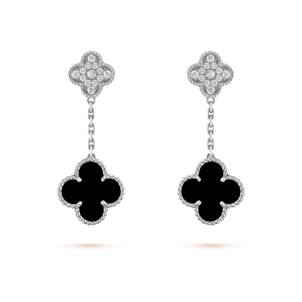 [Luxe]CLOVER 2 MOTIFS  DIAMOND ONYX EARRINGS SILVER