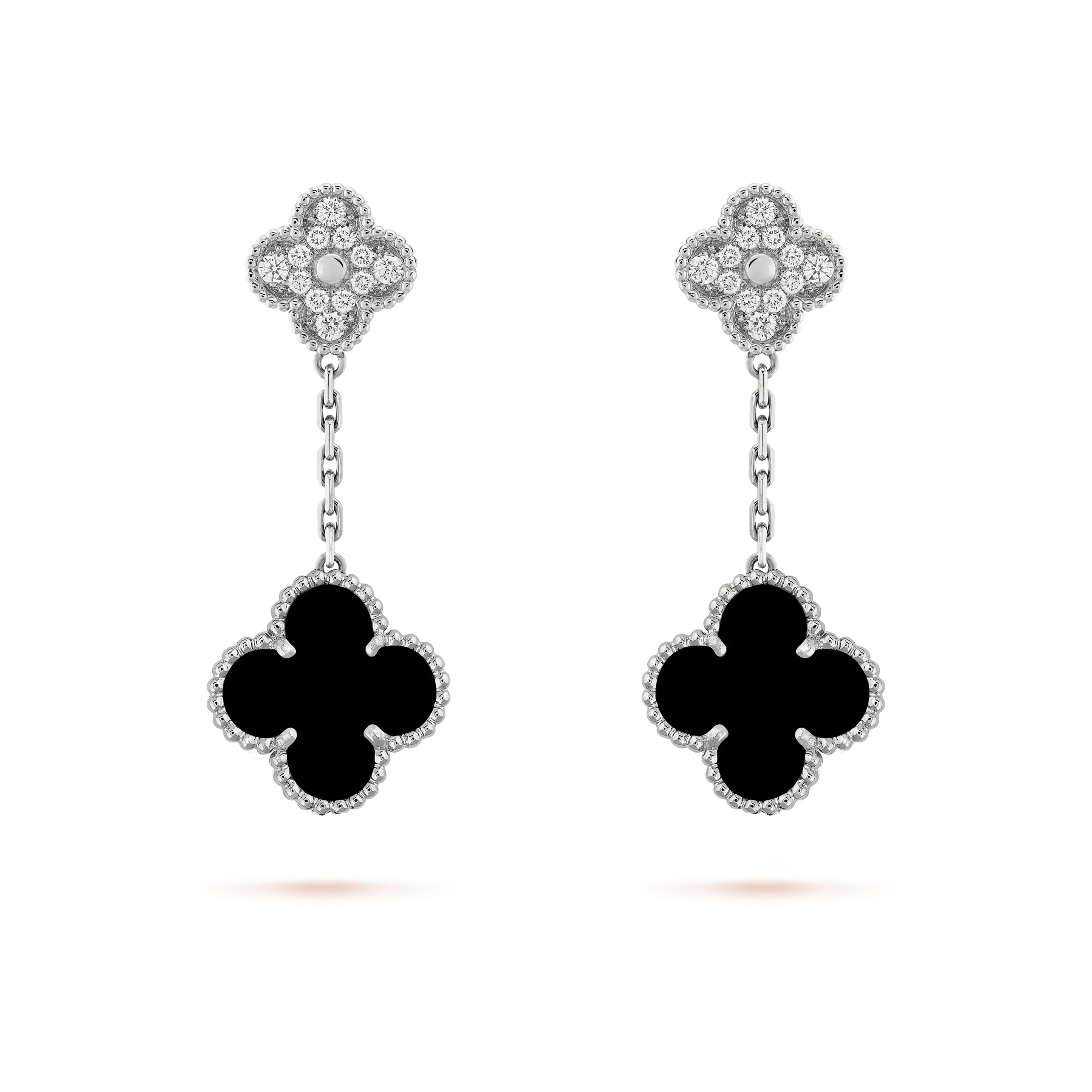 [Luxe]CLOVER 2 MOTIFS  DIAMOND ONYX EARRINGS SILVER