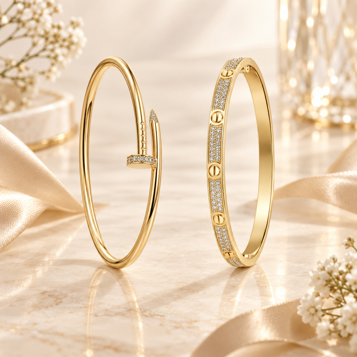 [LUXE] JUSTE Diamond & LOVE Diamond-Paved Bracelet Stack Set