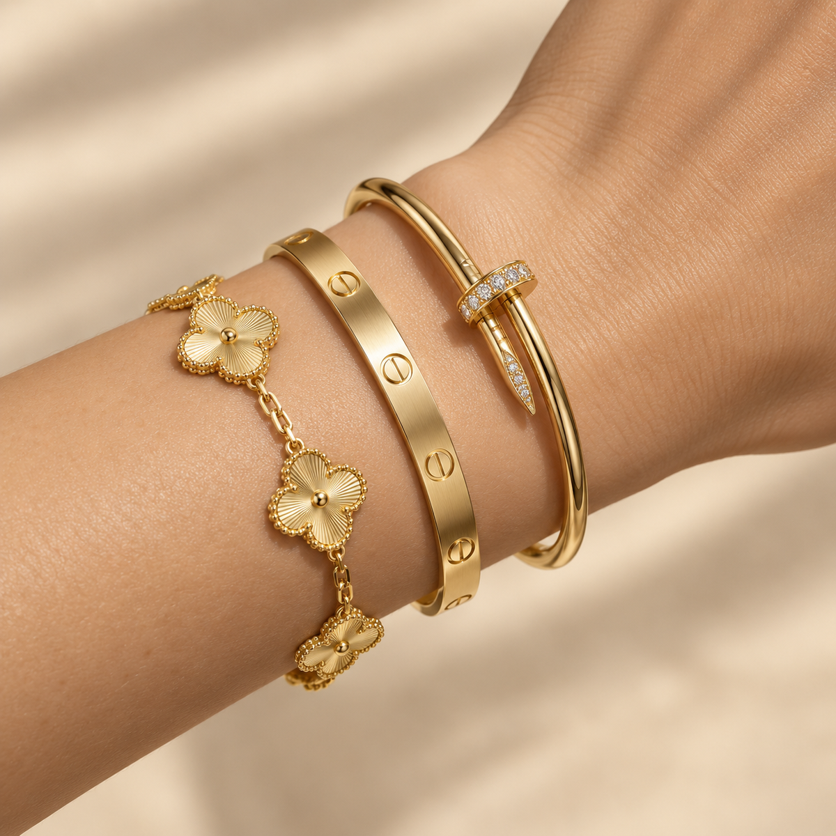 [LUXE] Clover & Love & Juste 3-Piece Gold Bracelet Stack Set