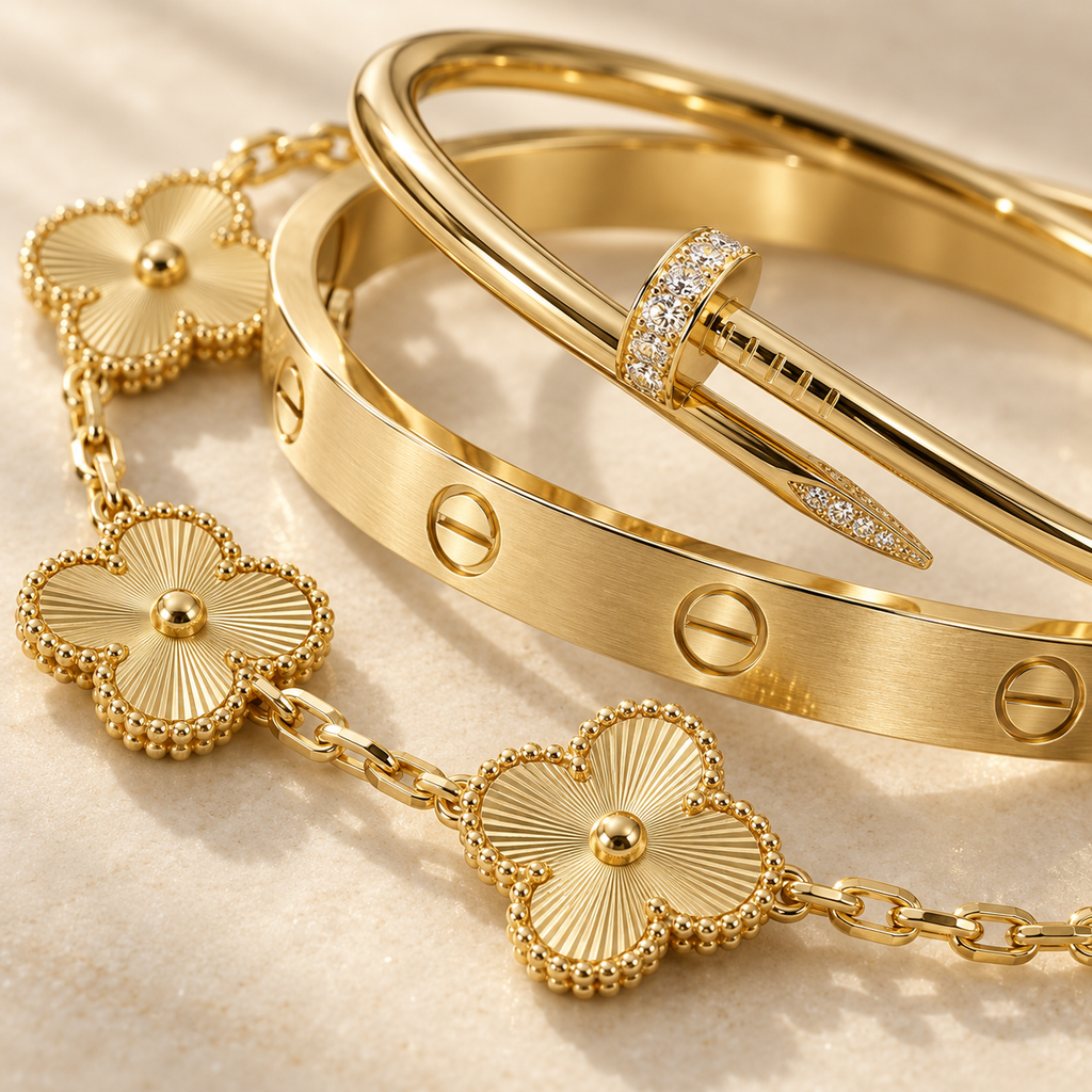 [LUXE] Clover & Love & Juste 3-Piece Gold Bracelet Stack Set