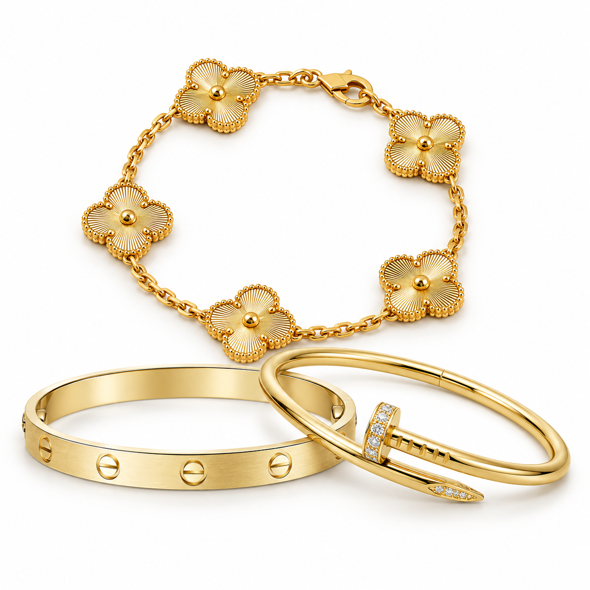 [LUXE] Clover & Love & Juste 3-Piece Gold Bracelet Stack Set