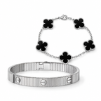 [LUXE]Clover & Love Sliver 2-Piece Bracelet Stack Set