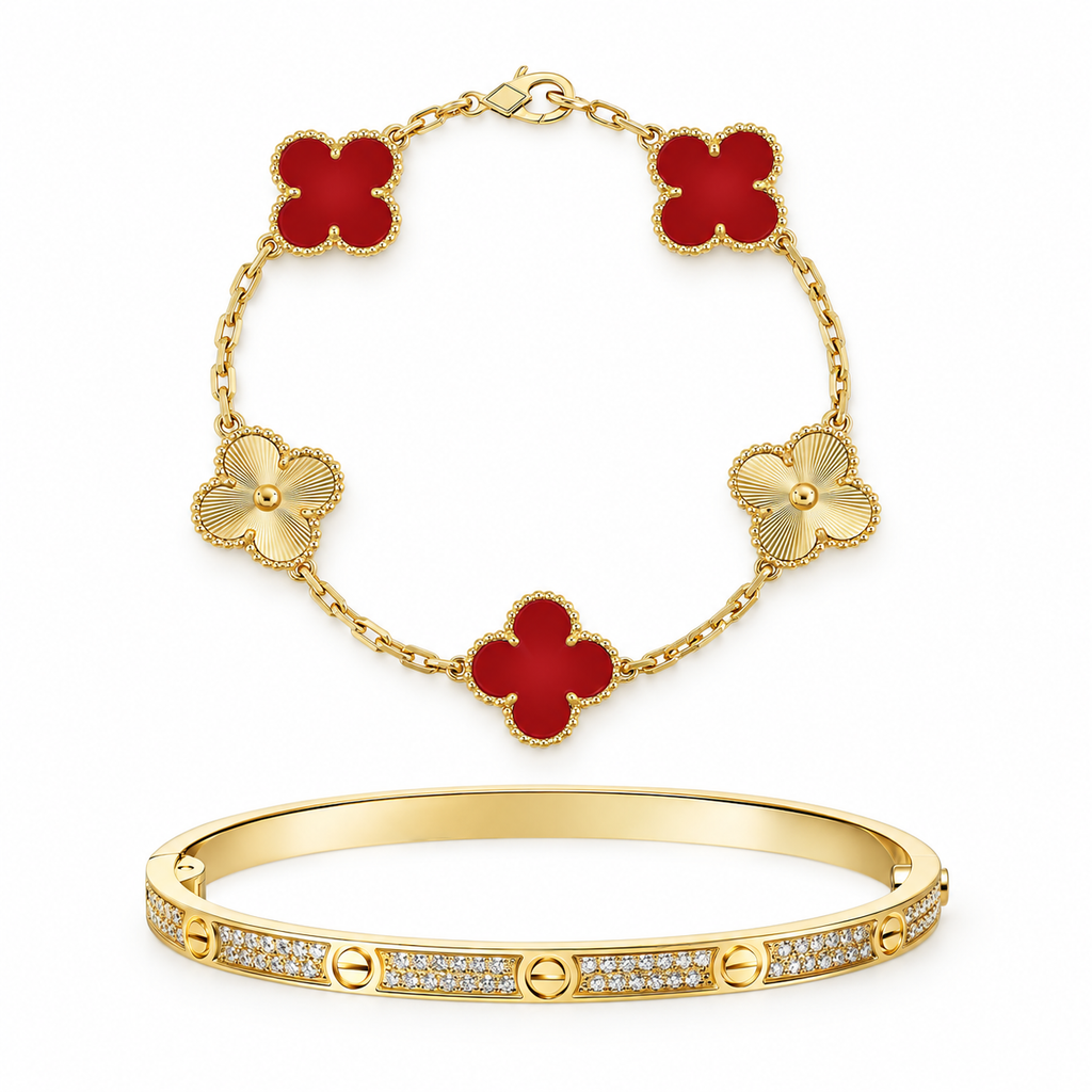 [LUXE]Clover & Love Diamond-Paved Radiant Line 2-Piece Bracelet Stack Set