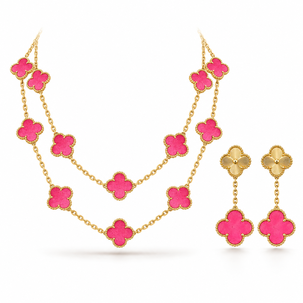 [LUXE]Clover Pink Enamel Necklace & Earring Jewelry Set