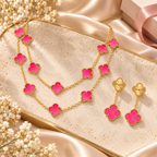 [LUXE]Clover Pink Enamel Necklace & Earring Jewelry Set
