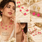 [LUXE]Clover Pink Enamel Necklace & Earring Jewelry Set