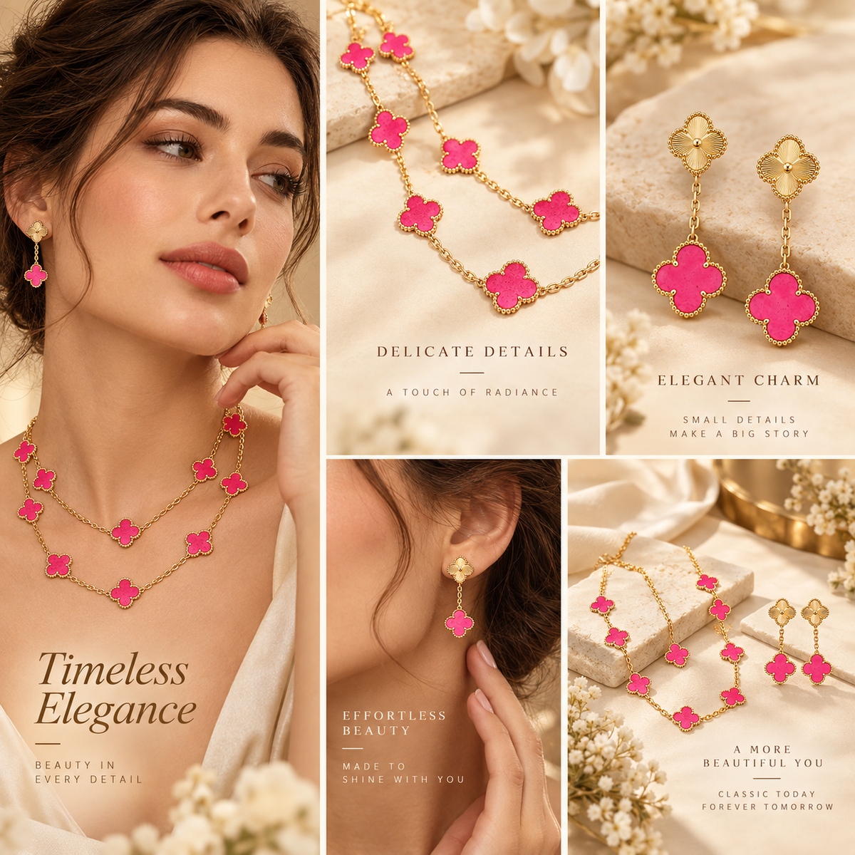 [LUXE]Clover Pink Enamel Necklace & Earring Jewelry Set