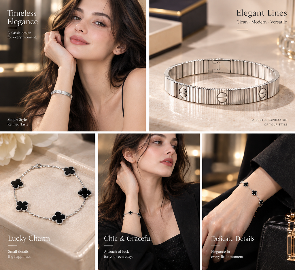 [LUXE]Clover & Love Sliver 2-Piece Bracelet Stack Set