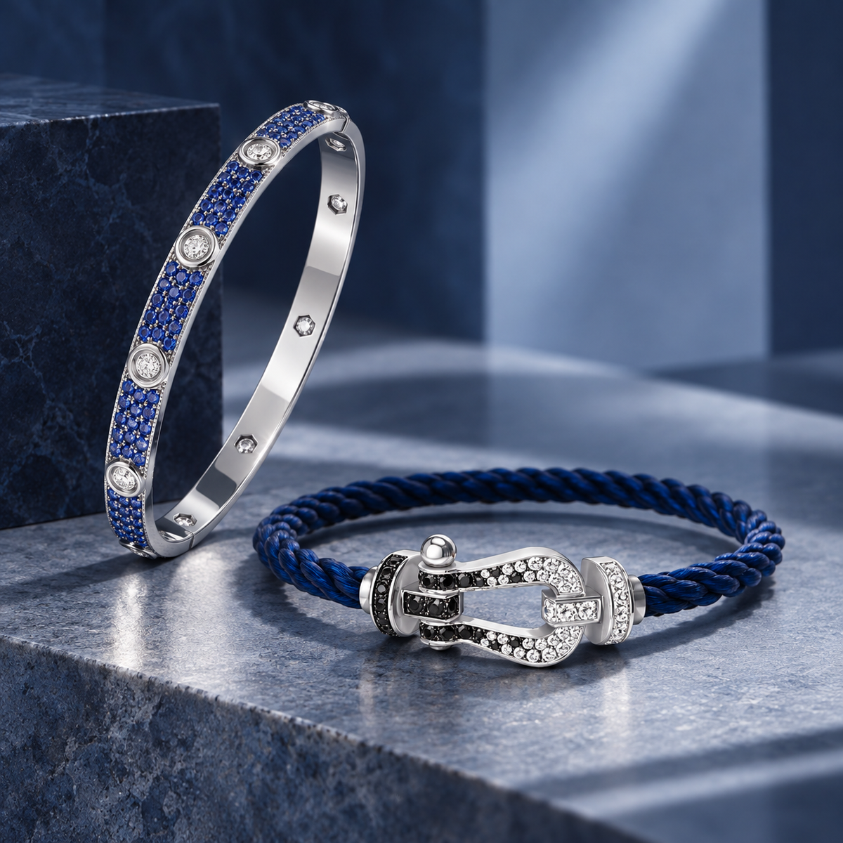 [LUXE]Pave Gemstone Love &Force Large Horseshoe Diamond Duo Bracelet Stack Set