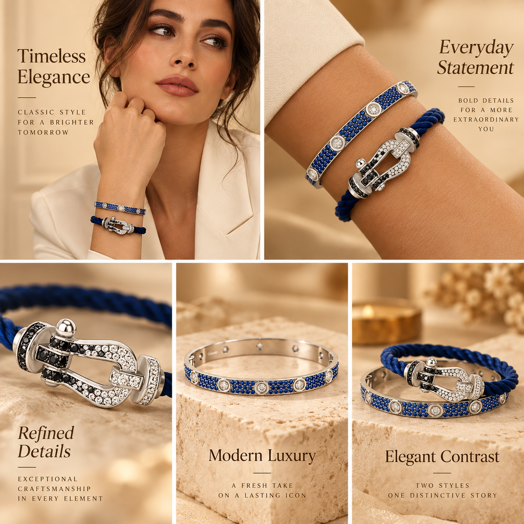 [LUXE]Pave Gemstone Love &Force Large Horseshoe Diamond Duo Bracelet Stack Set