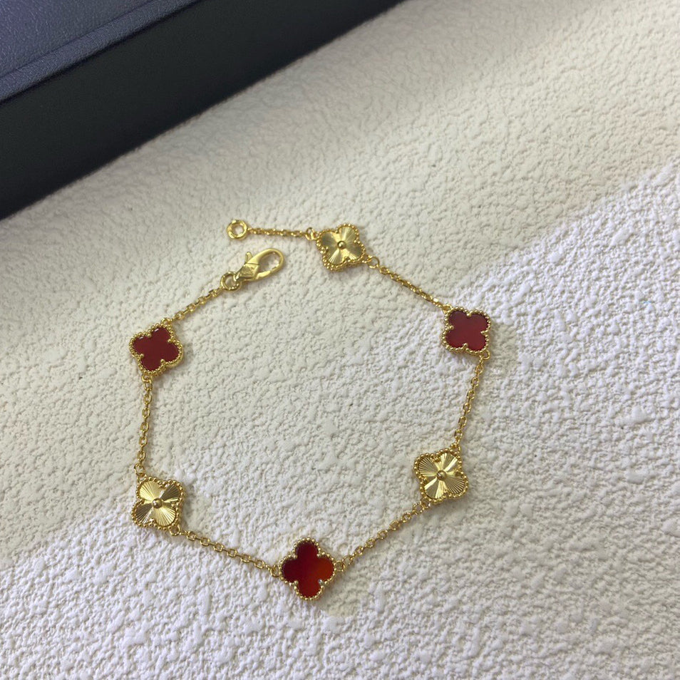 [Luxe]CLOVER 6 MOTIF RED AGATE LASER BRACELET