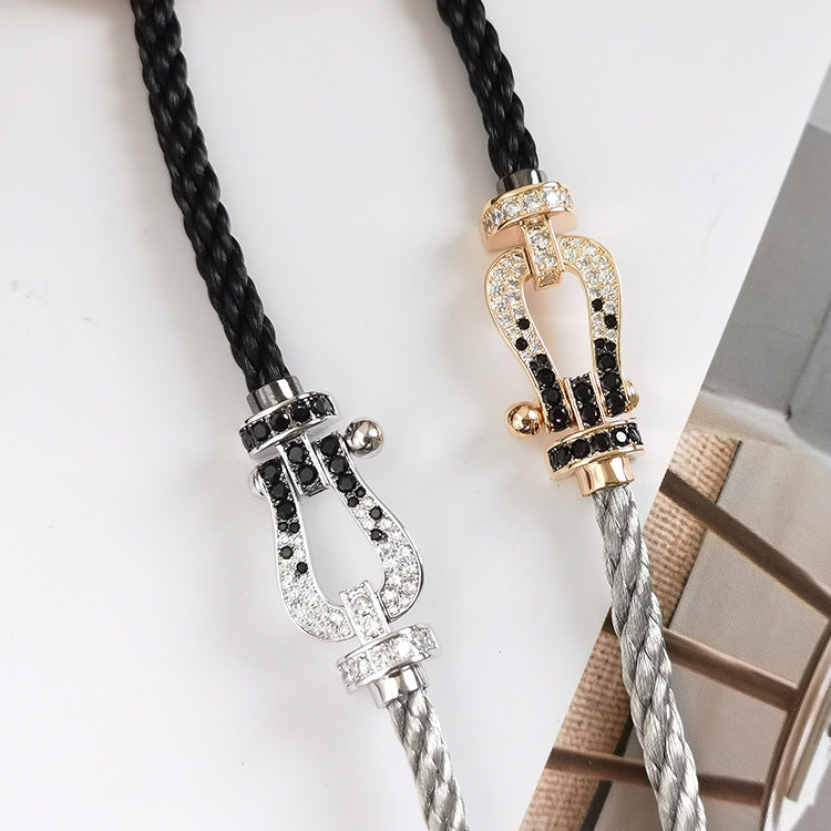 [LUXE]Pave Gemstone Love &Force Large Horseshoe Diamond Duo Bracelet Stack Set