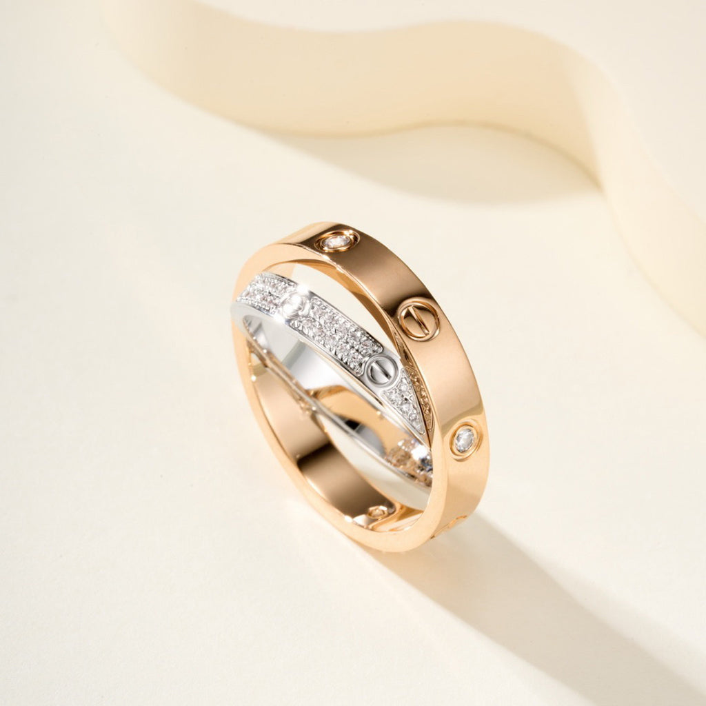[Luxe Jewelry]LOVE PINK GOLD SILVER DIAMOND DOUBLE RING
