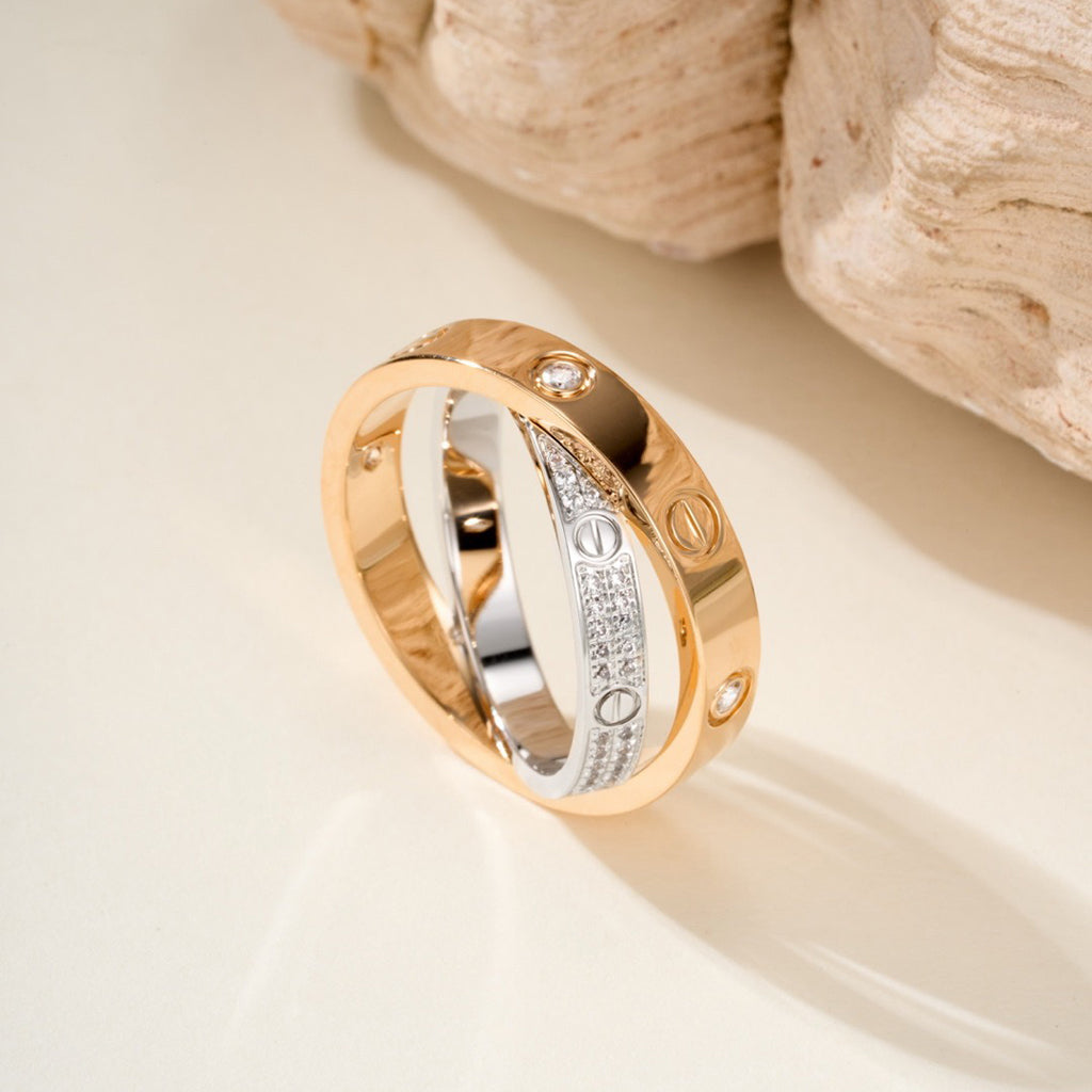 [Luxe Jewelry]LOVE PINK GOLD SILVER DIAMOND DOUBLE RING