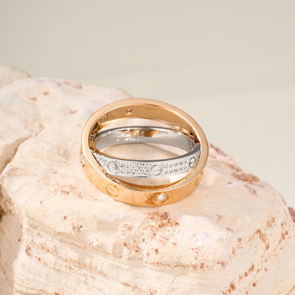 [Luxe Jewelry]LOVE PINK GOLD SILVER DIAMOND DOUBLE RING