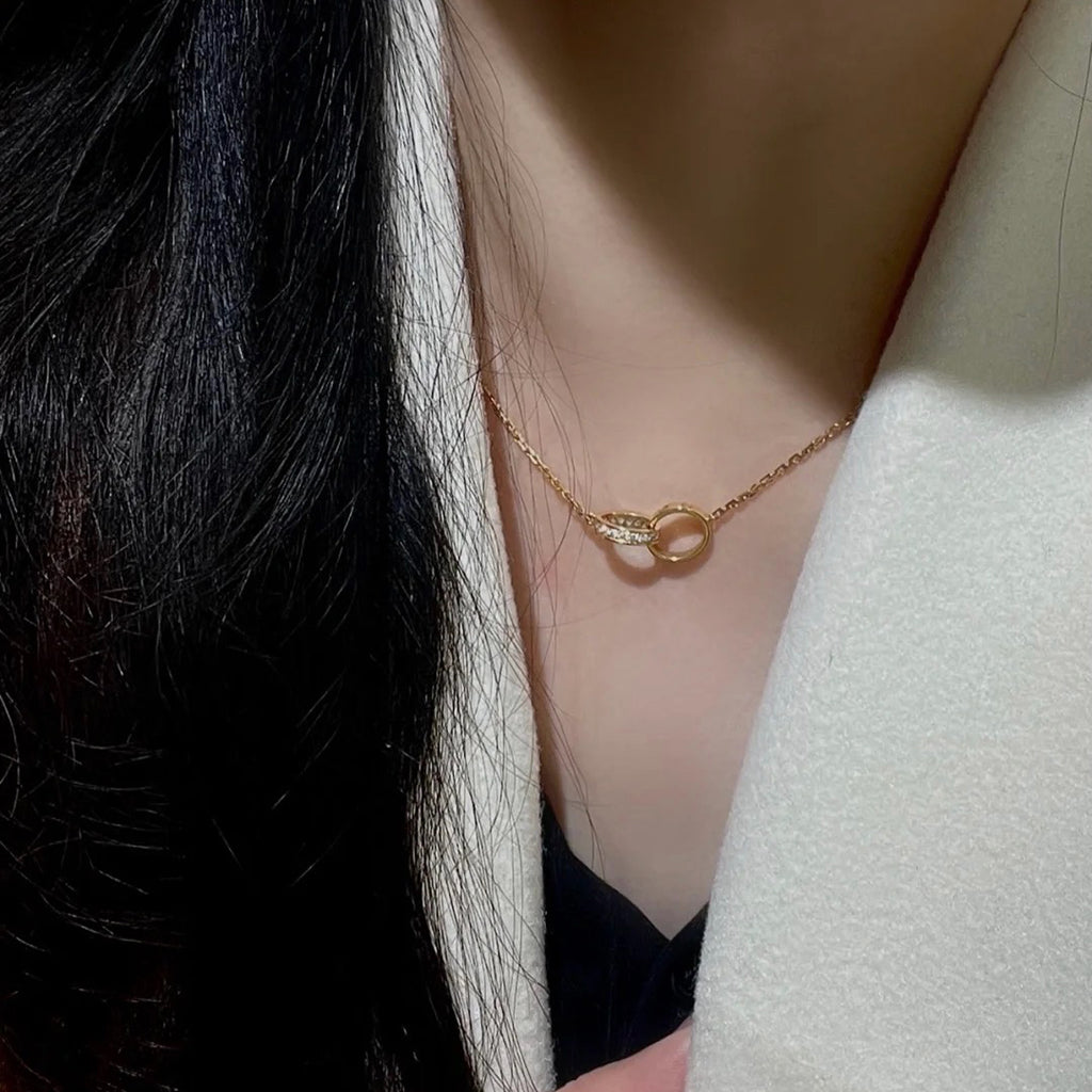 [Luxe Jewelry]LOVE DOUBLE RING HALF DIAMOND NECKLACE
