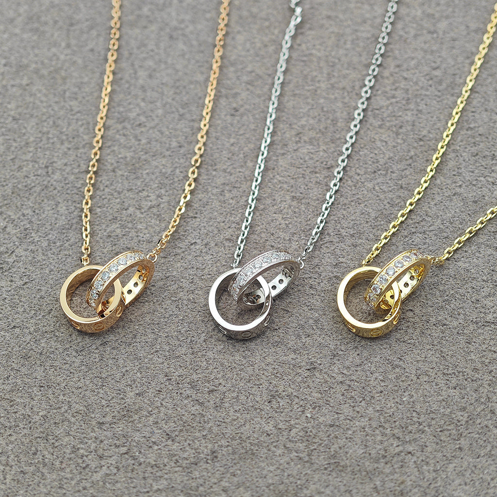 [Luxe Jewelry]LOVE DOUBLE RING HALF DIAMOND NECKLACE